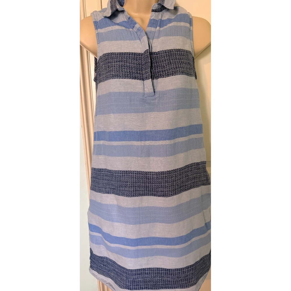 Beachlunchlounge Linen Blend Striped Dress XS Blue Sleeveless Collared Shift